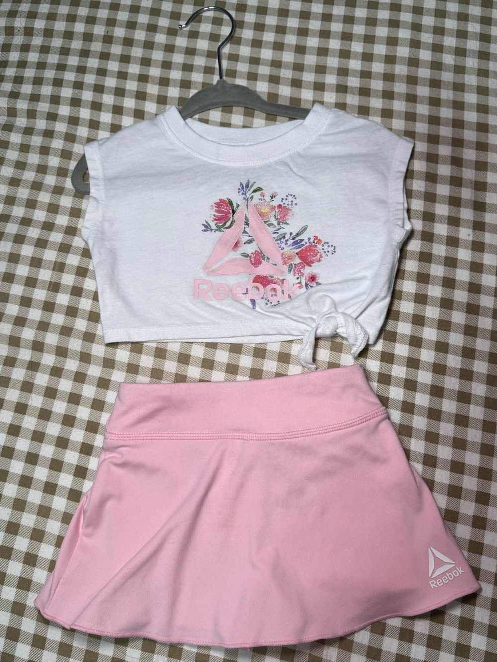 Reebok White Floral Crop Top and Pink Athletic Skirt Set